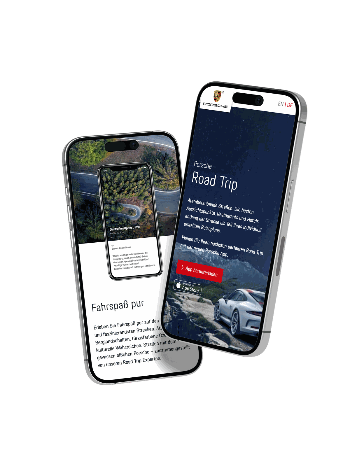 Porsche Road Trip App auf zwei iPhones